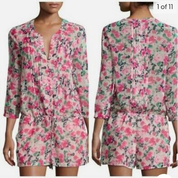 Joie | Silk Romper Floral Shorts Small Pink Cream Green - Picture 11 of 12